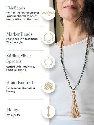 Transformation - Hand-Knotted 108 Mala Beads Necklace |  Moss Agate, Sandalwood, & Howlite | Mala of Merit-Mala of Merit™