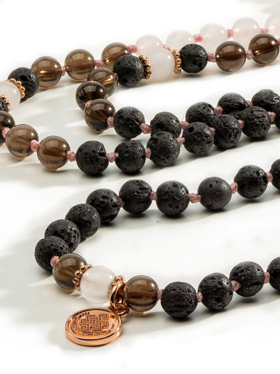 Divine Grace -  Hand-Knotted 108 Mala Beads Necklace | Rose Quartz, Smoky Quartz, & Lava Stone | Mala of Merit-Mala of Merit™