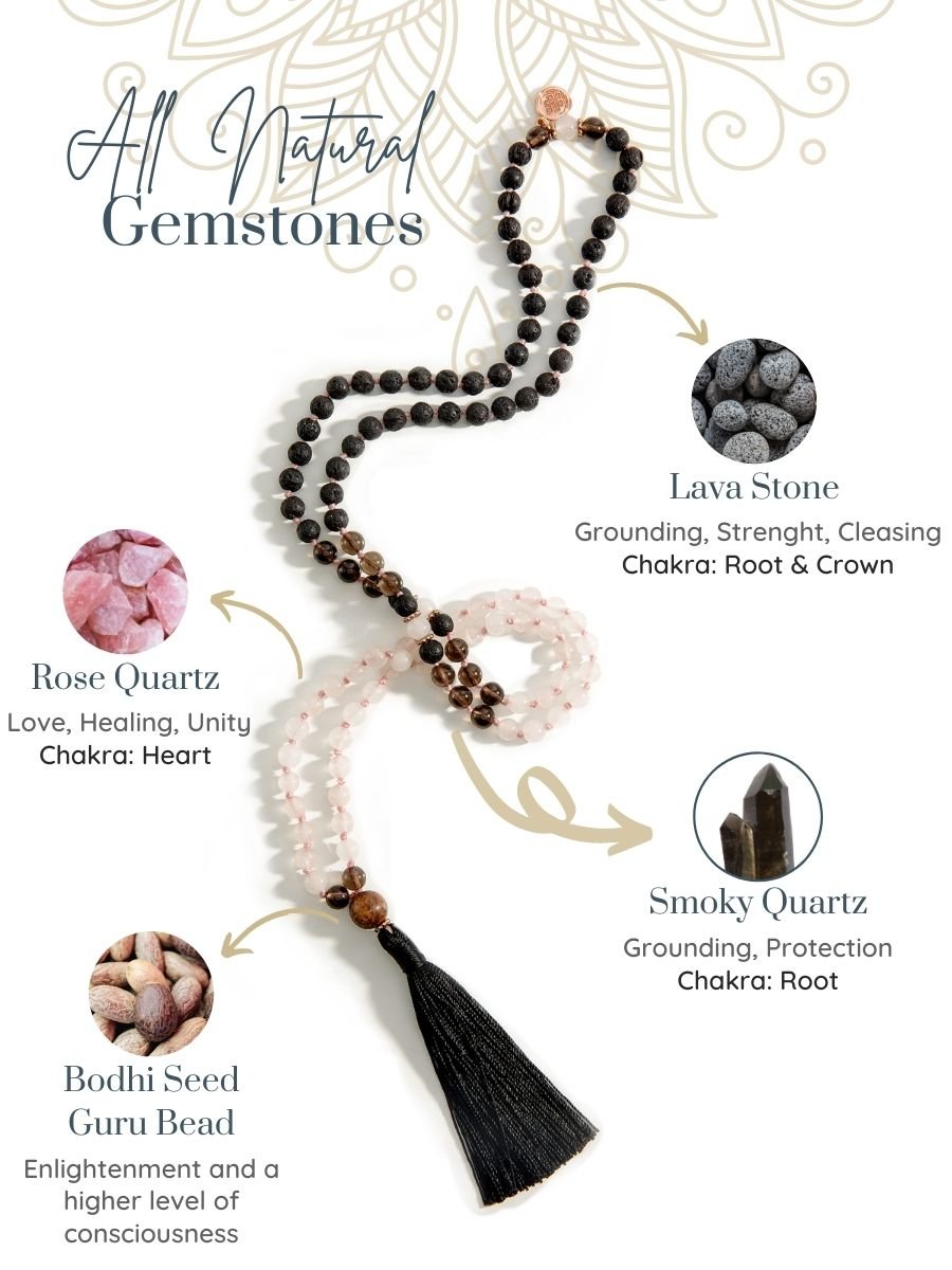 Divine Grace - Hand-Knotted 108 Mala Beads Necklace, Rose Quartz, Smoky  Quartz, & Lava Stone