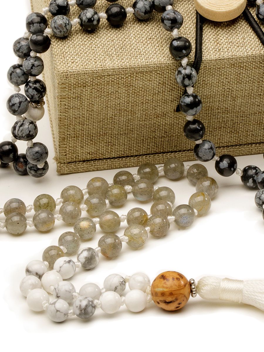 Obsidian & Hematite Mala Beads w/ Mayan Calendar – Mayan Rose