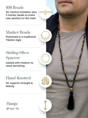 Perseverance - Hand-Knotted 108 Mala Beads Necklace | Tigers Eye & Rainbow Obsidian | Mala of Merit-Mala of Merit™
