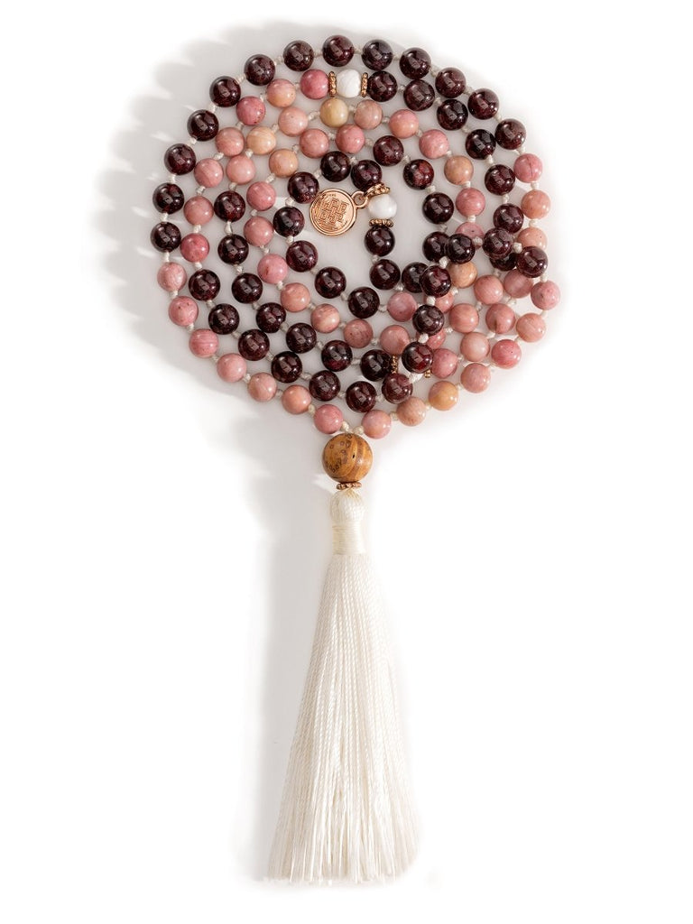 Serenity - Hand-Knotted 108 Mala Beads Necklace, Rhodonite, Rose Quartz, &  Howlite