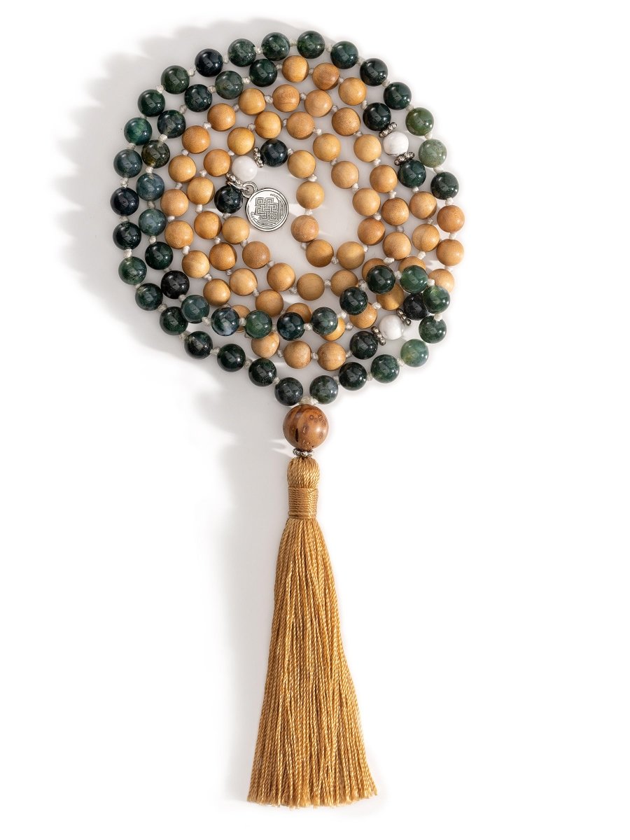 Transformation - Hand-Knotted 108 Mala Beads Necklace, Moss Agate,  Sandalwood, & Howlite